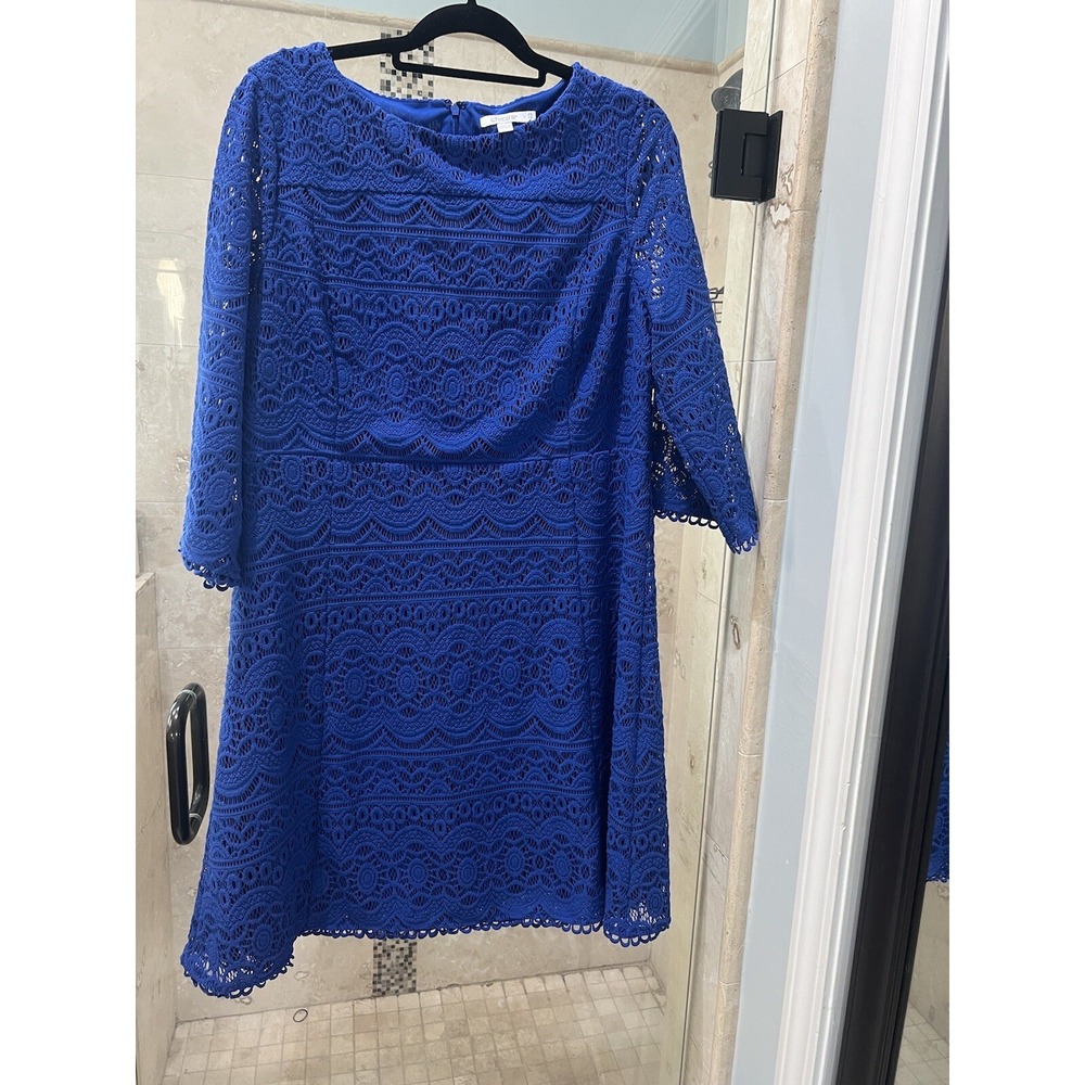 Chicos Size 2.5 14 Cobalt Blue Crochet Lace Shift Dress Flared 3/4 Sleeve EUC